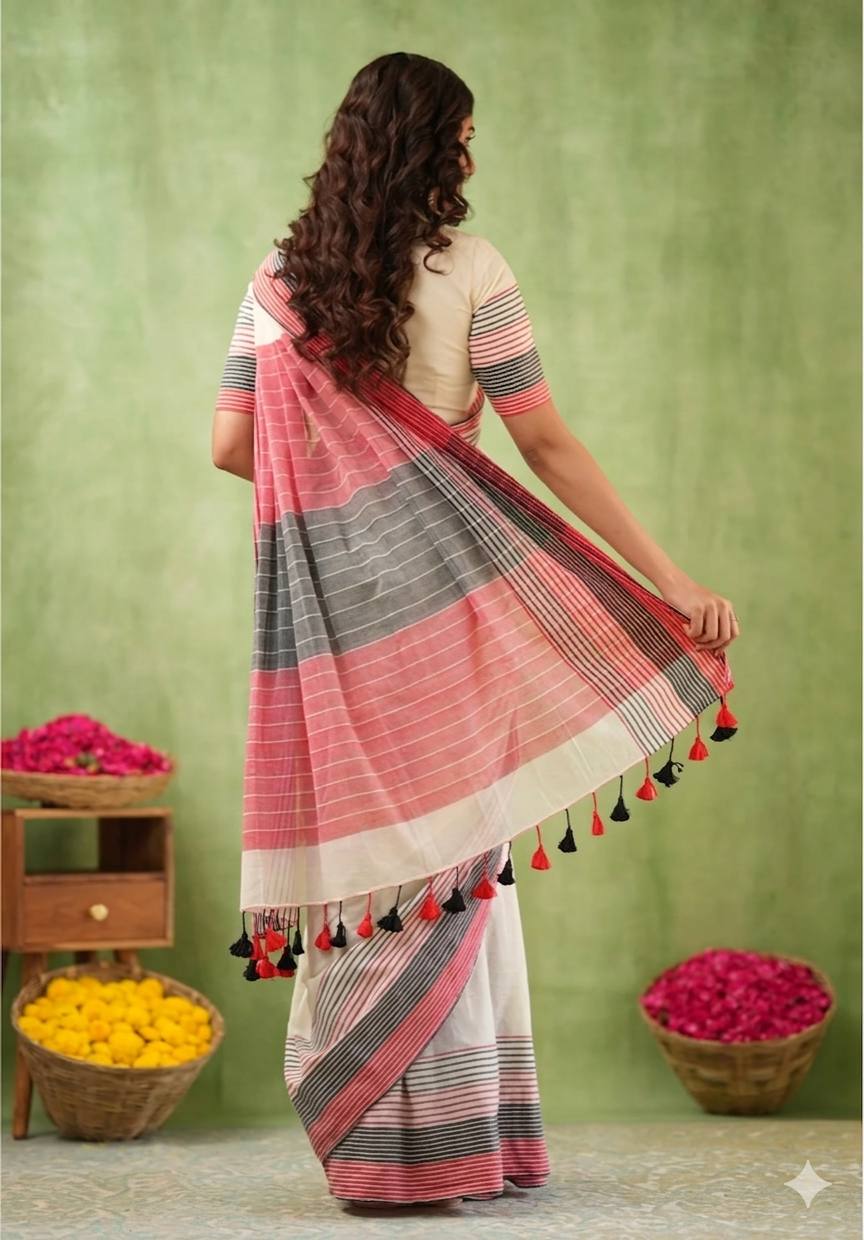 Traditional White Saree with Striped Pallu and Matching Blouse Piece