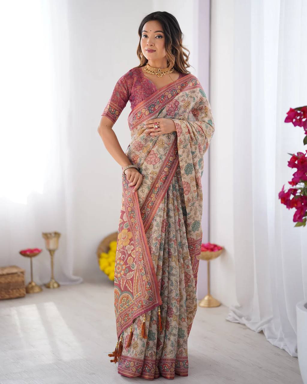 Women's Floral Print Linen Cotton Saree with Designer Border