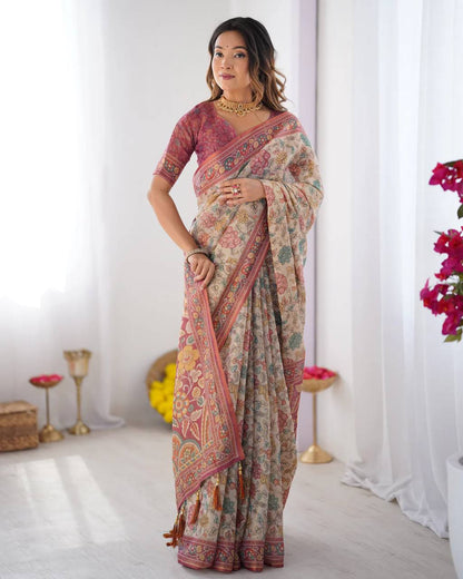 Women's Floral Print Linen Cotton Saree with Designer Border