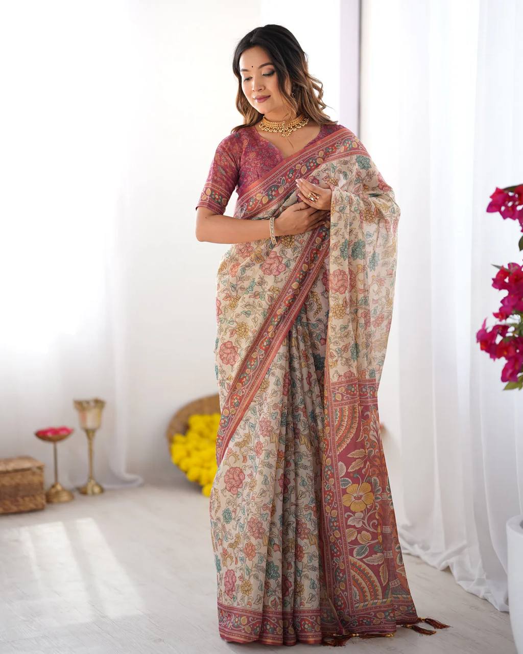 Women's Floral Print Linen Cotton Saree with Designer Border