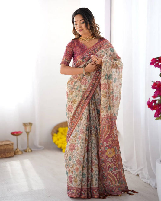 Women's Floral Print Linen Cotton Saree with Designer Border