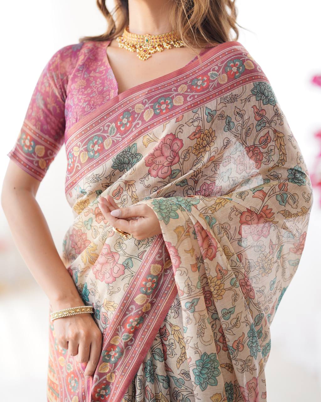 Women's Floral Print Linen Cotton Saree with Designer Border