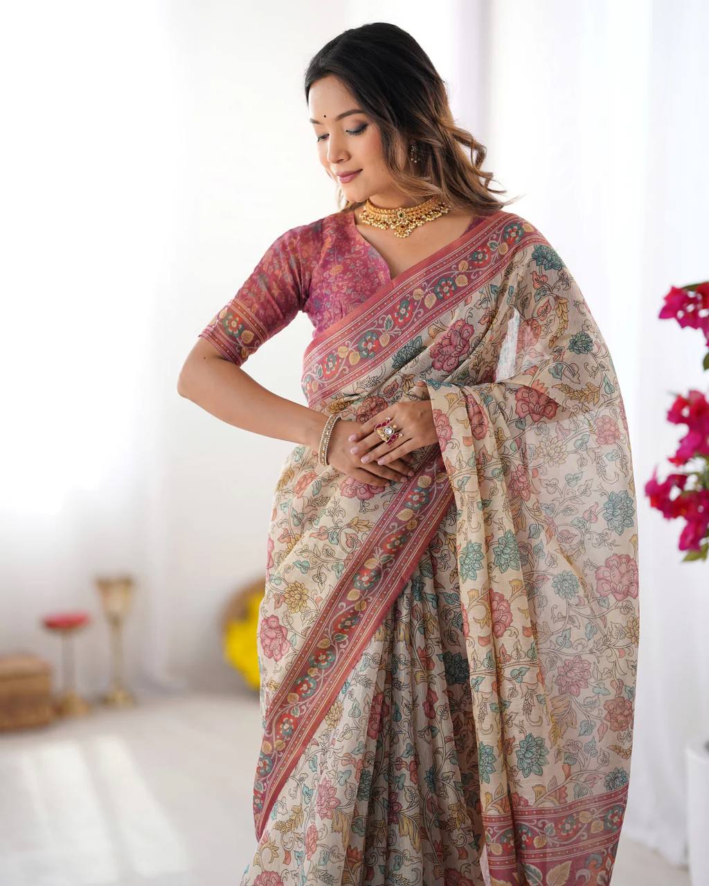 Women's Floral Print Linen Cotton Saree with Designer Border