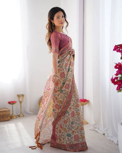 Women's Floral Print Linen Cotton Saree with Designer Border