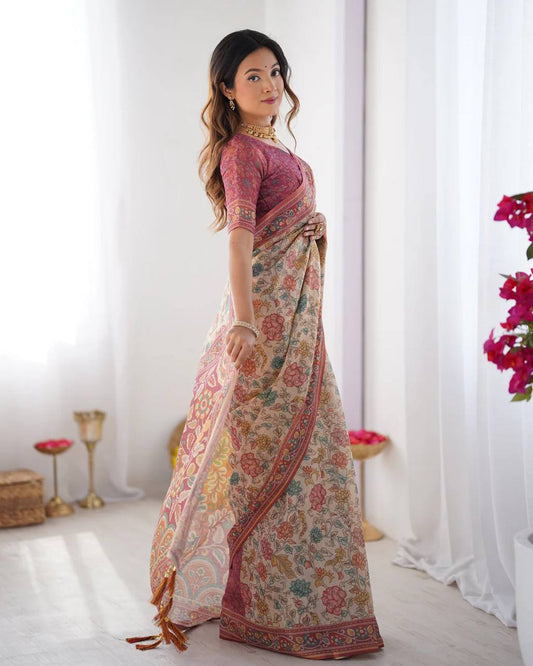 Women's Floral Print Linen Cotton Saree with Designer Border