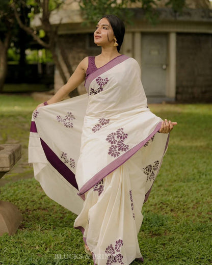 Traditional Floral Block Print Saree with Designer Border