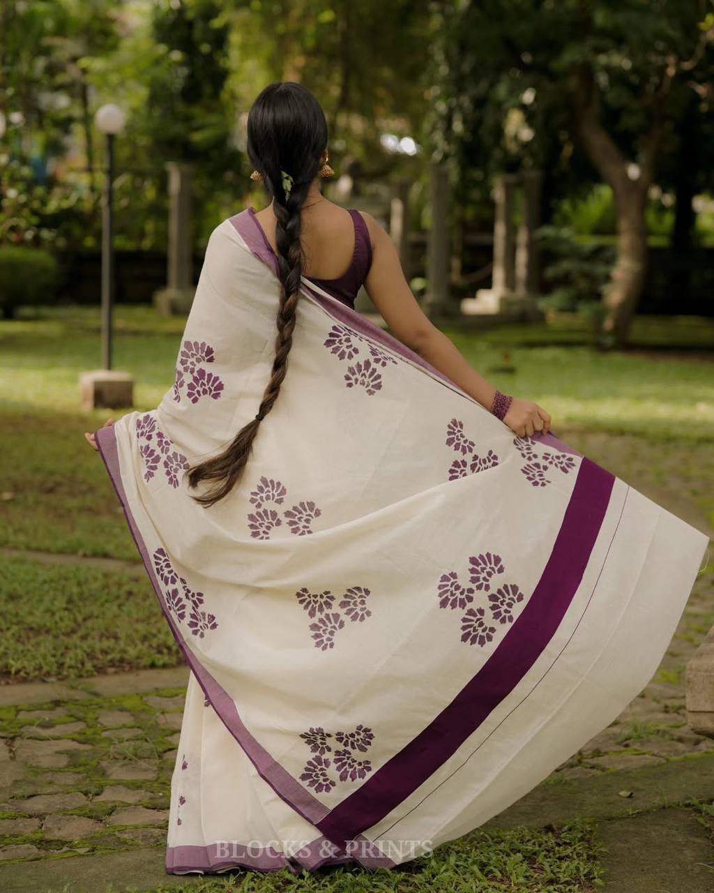 Traditional Floral Block Print Saree with Designer Border