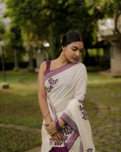 Traditional Floral Block Print Saree with Designer Border