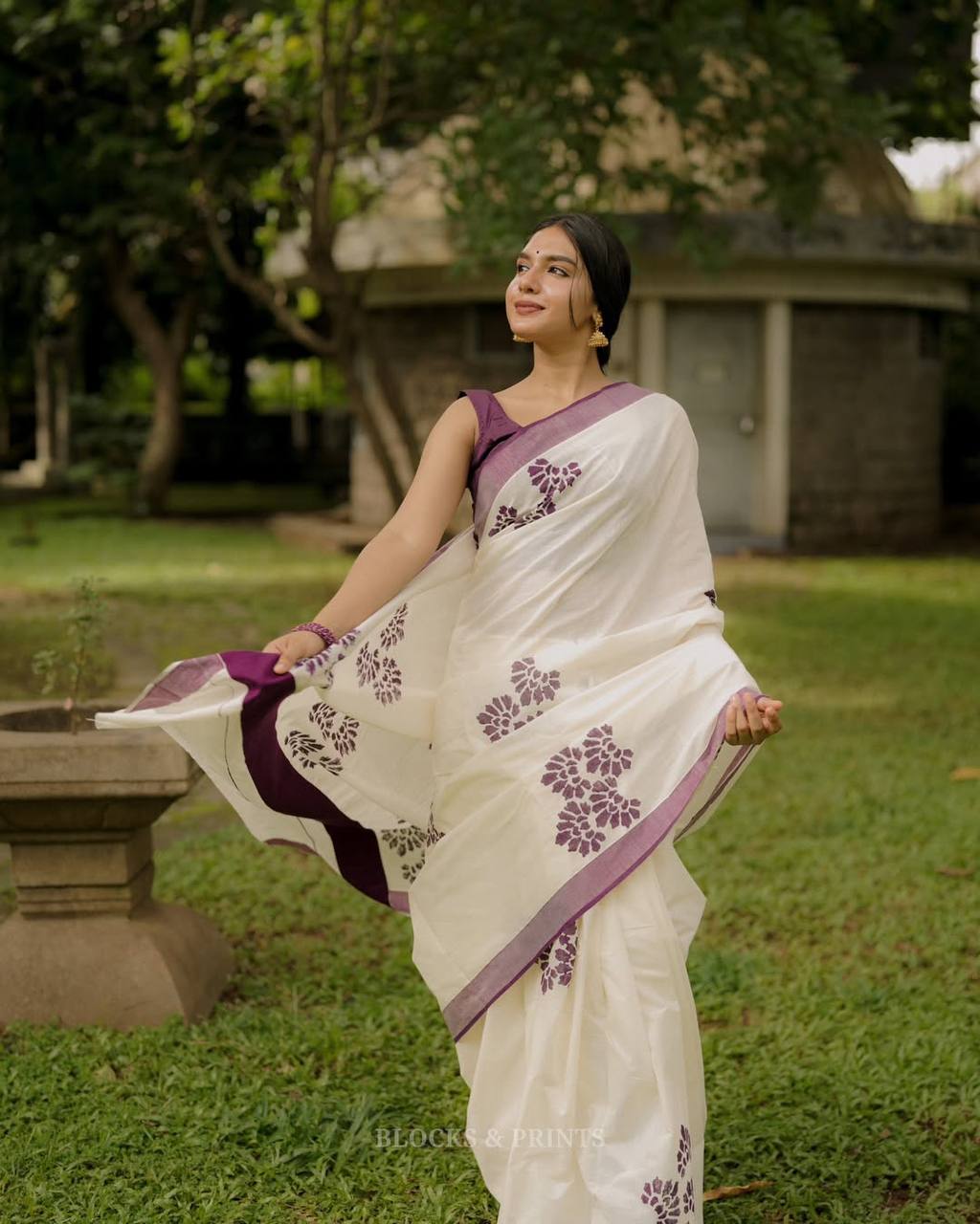 Traditional Floral Block Print Saree with Designer Border