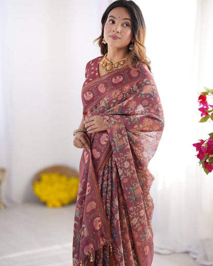 Premium Wine Maroon Linen Cotton Saree with Elephant Motif Print & Designer Border