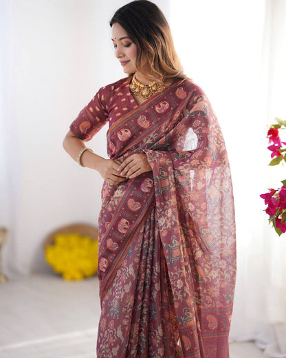Premium Wine Maroon Linen Cotton Saree with Elephant Motif Print & Designer Border