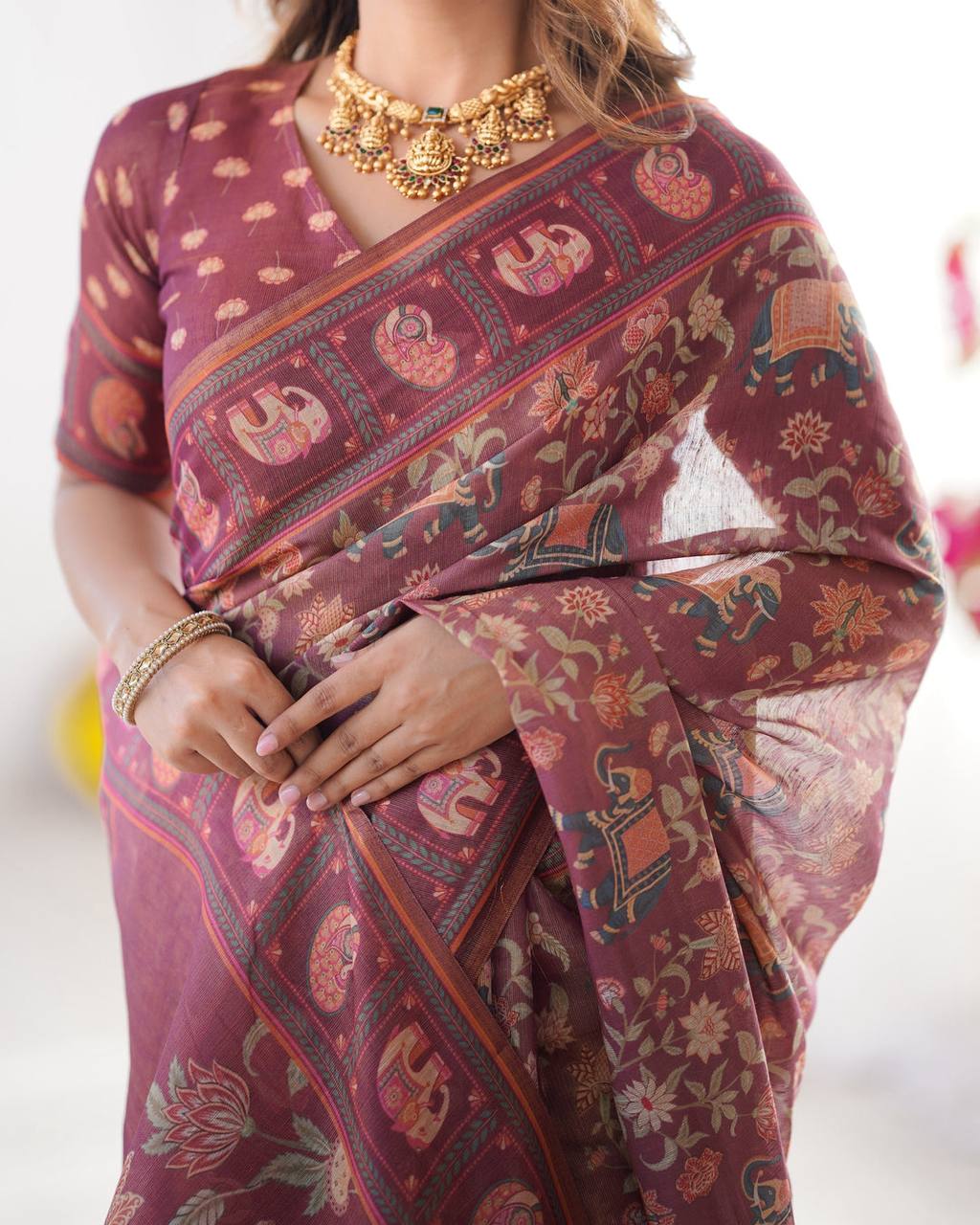 Premium Wine Maroon Linen Cotton Saree with Elephant Motif Print & Designer Border
