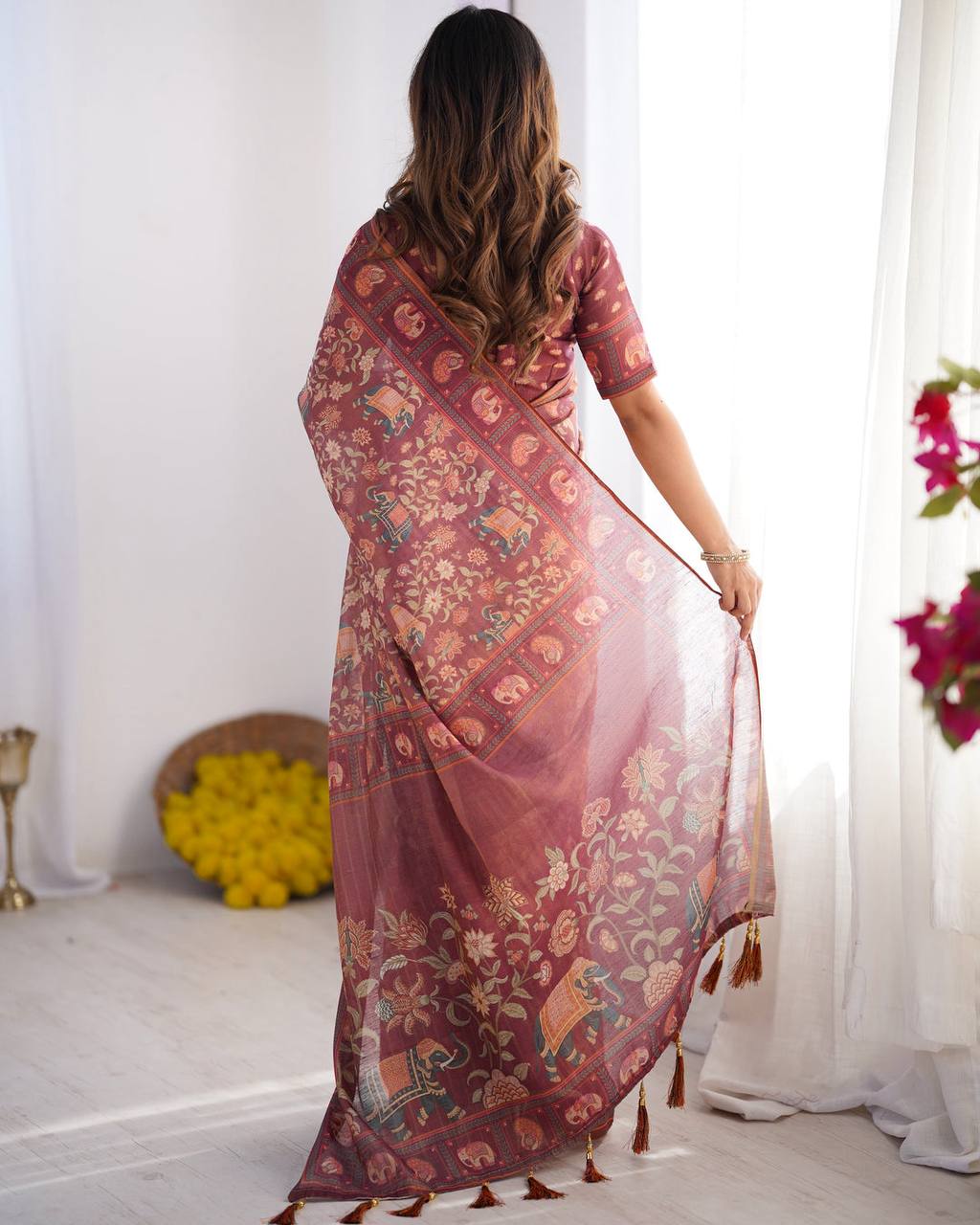 Premium Wine Maroon Linen Cotton Saree with Elephant Motif Print & Designer Border