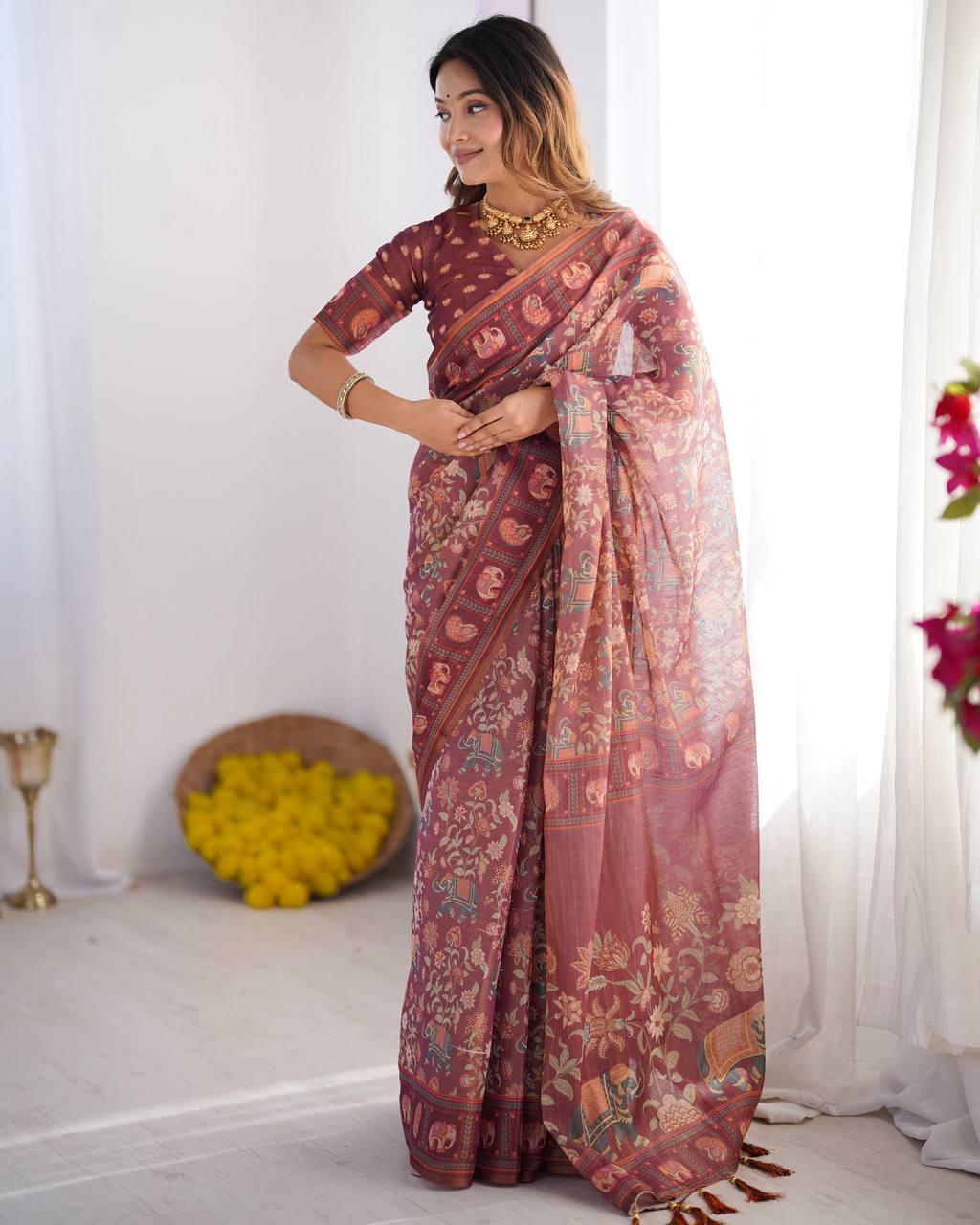 Premium Wine Maroon Linen Cotton Saree with Elephant Motif Print & Designer Border