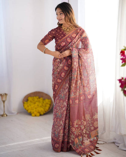 Premium Wine Maroon Linen Cotton Saree with Elephant Motif Print & Designer Border