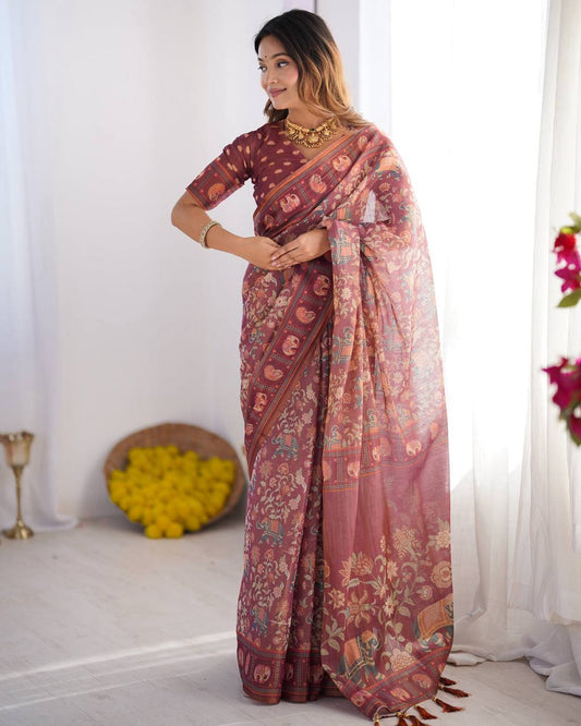 Premium Wine Maroon Linen Cotton Saree with Elephant Motif Print & Designer Border
