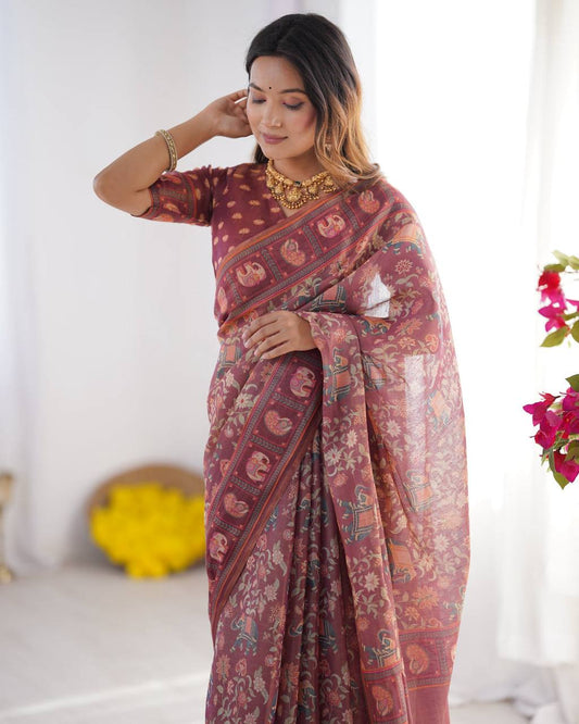 Premium Wine Maroon Linen Cotton Saree with Elephant Motif Print & Designer Border