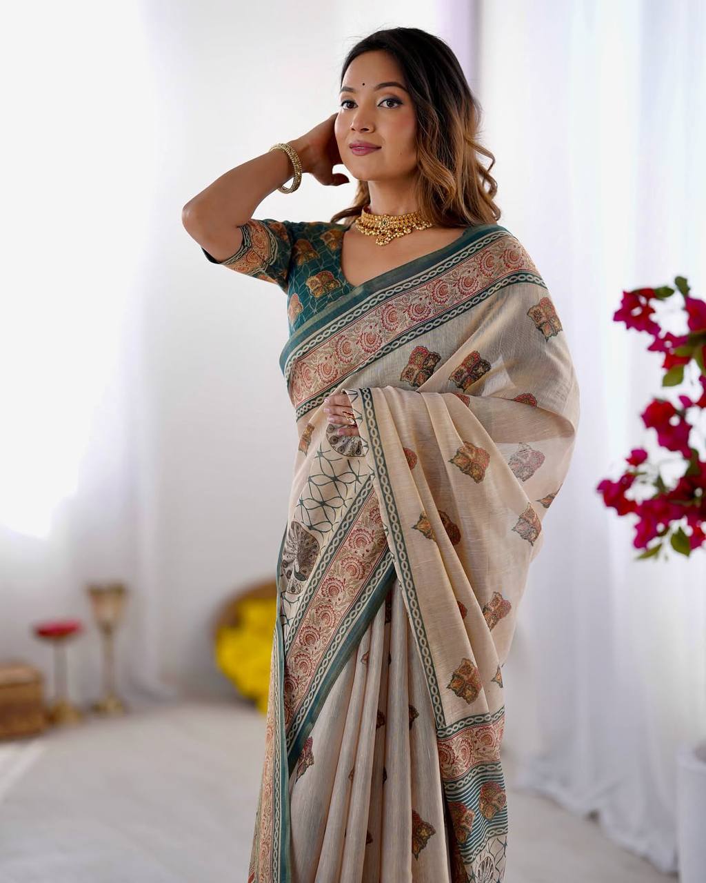Elegant Beige & Teal Printed Linen Blend Saree with Traditional Border Design