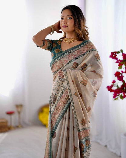 Elegant Beige & Teal Printed Linen Blend Saree with Traditional Border Design