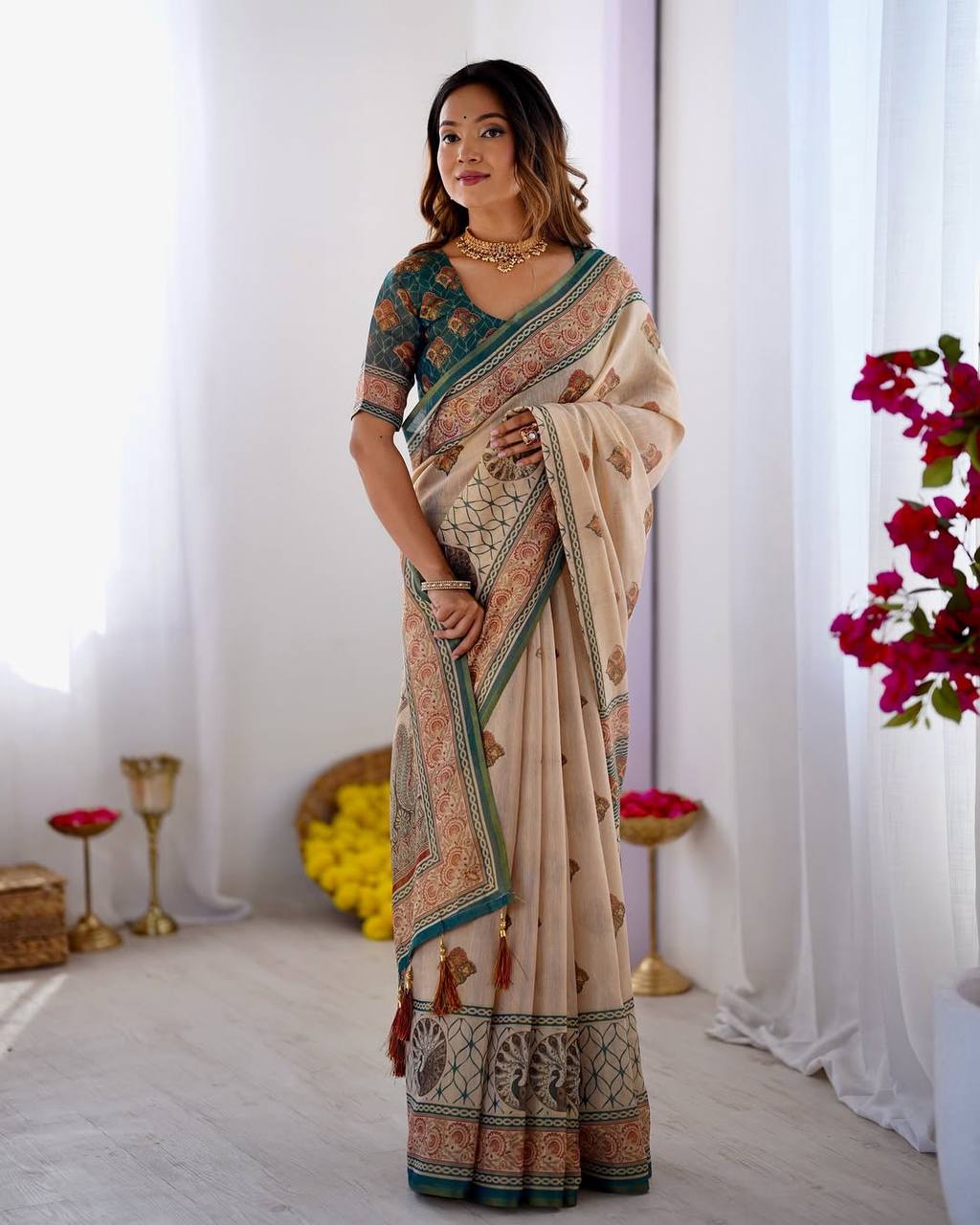 Elegant Beige & Teal Printed Linen Blend Saree with Traditional Border Design