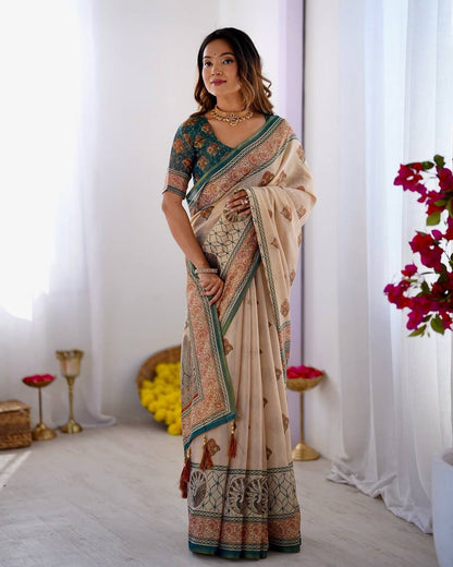 Elegant Beige & Teal Printed Linen Blend Saree with Traditional Border Design