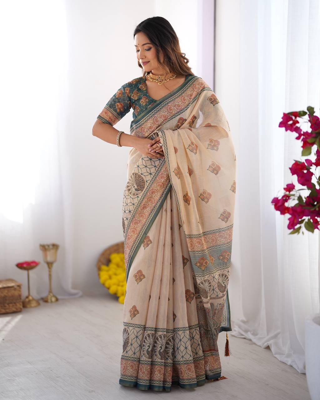 Elegant Beige & Teal Printed Linen Blend Saree with Traditional Border Design