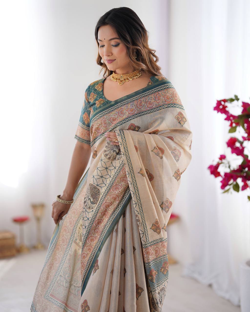 Elegant Beige & Teal Printed Linen Blend Saree with Traditional Border Design