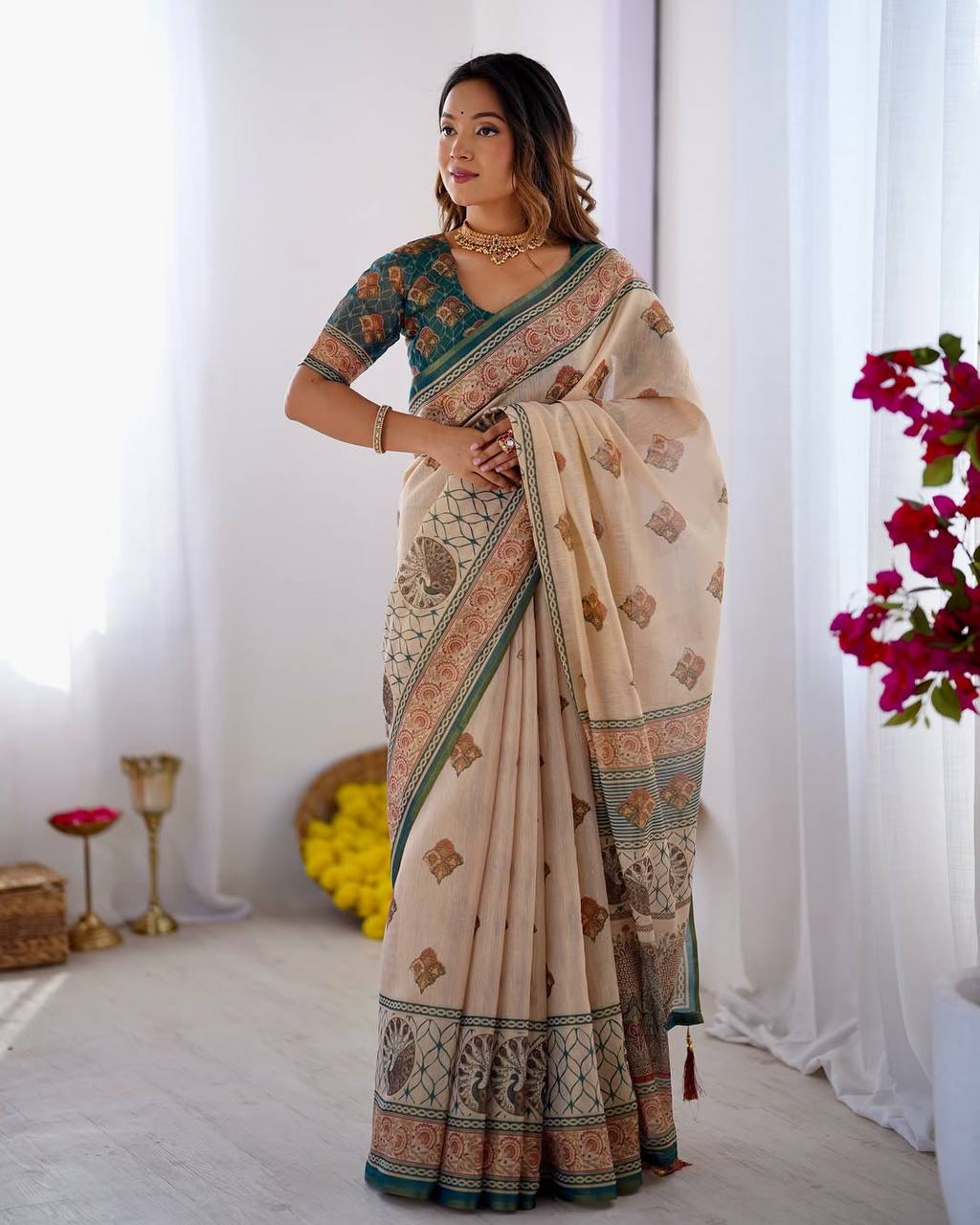 Elegant Beige & Teal Printed Linen Blend Saree with Traditional Border Design
