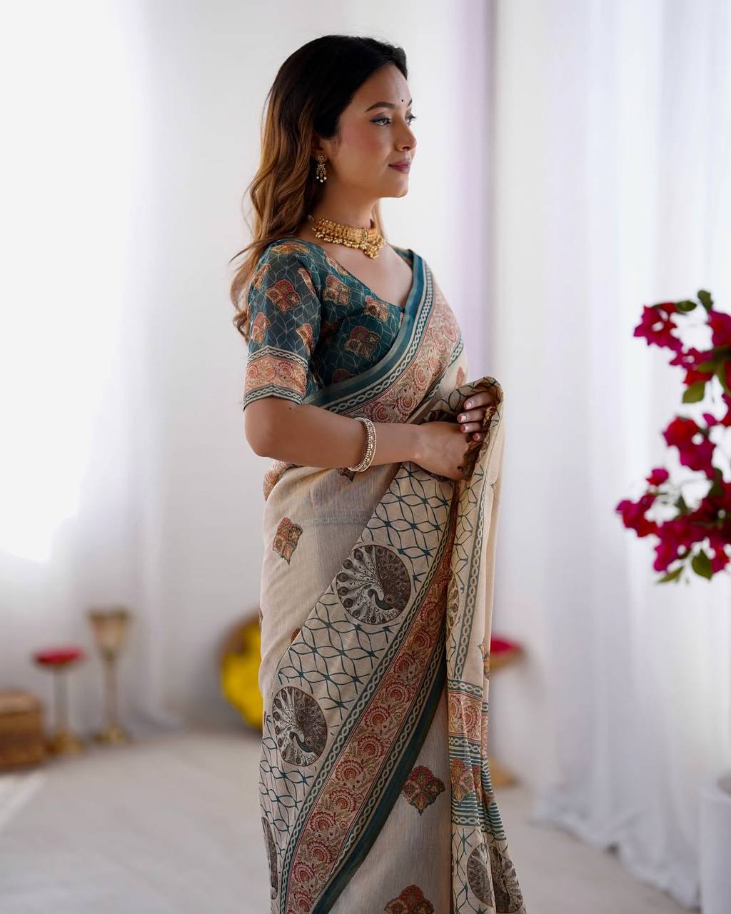 Elegant Beige & Teal Printed Linen Blend Saree with Traditional Border Design