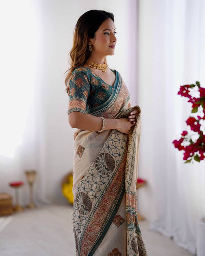 Elegant Beige & Teal Printed Linen Blend Saree with Traditional Border Design