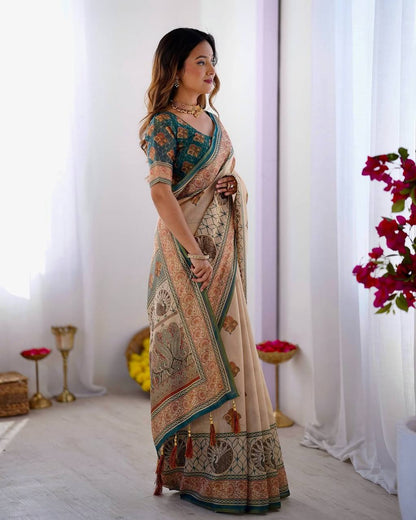 Elegant Beige & Teal Printed Linen Blend Saree with Traditional Border Design