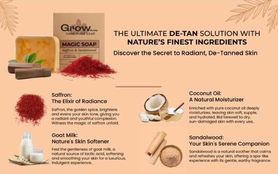 GrowBuddy Sandalwood & Saffron Magic Soaps For Bath (100 Gms Pack Of 3) | Paraben Free | Chandan & Kesar Bath Soap | Handmade Soaps For Glowing | Skin Brightening Soap For Men & Women
