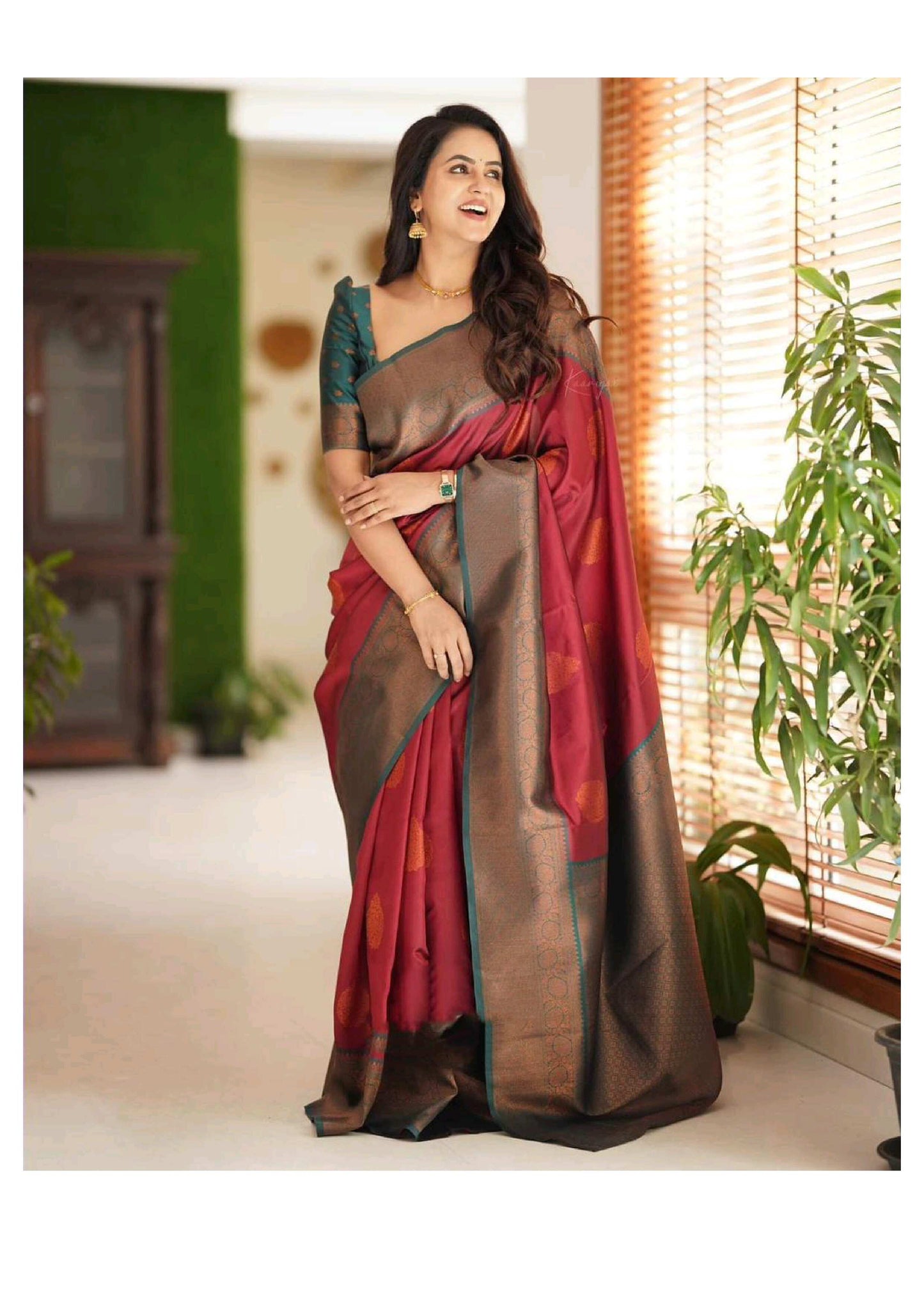Elegant Maroon & Teal Kanjivaram Silk Saree with Rich Zari Border