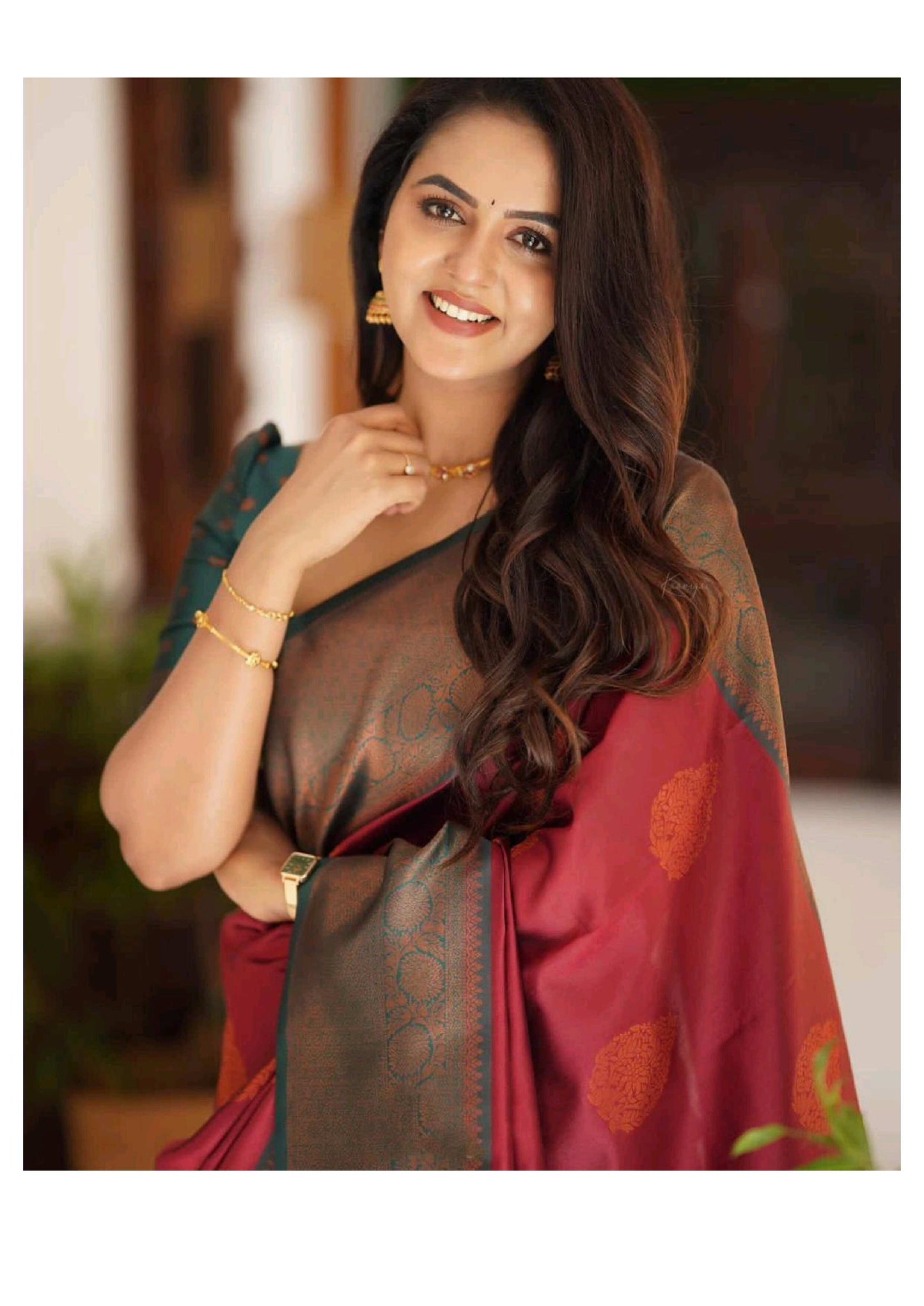 Elegant Maroon & Teal Kanjivaram Silk Saree with Rich Zari Border