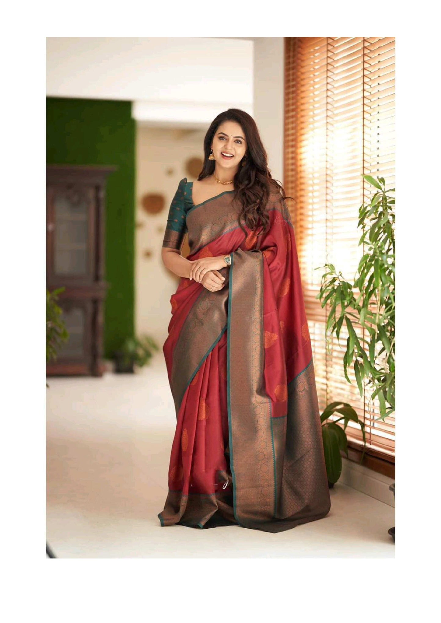 Elegant Maroon & Teal Kanjivaram Silk Saree with Rich Zari Border