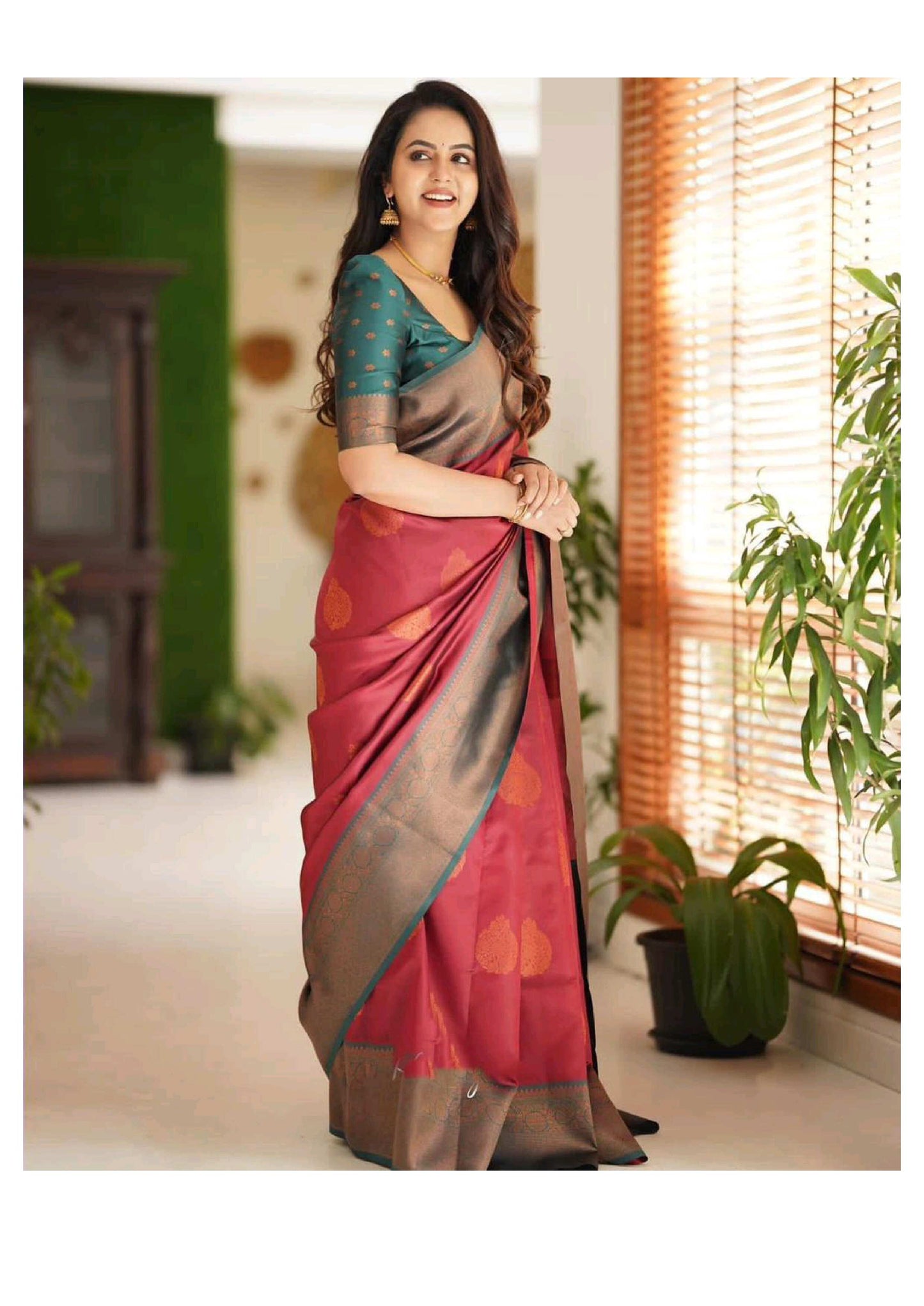 Elegant Maroon & Teal Kanjivaram Silk Saree with Rich Zari Border