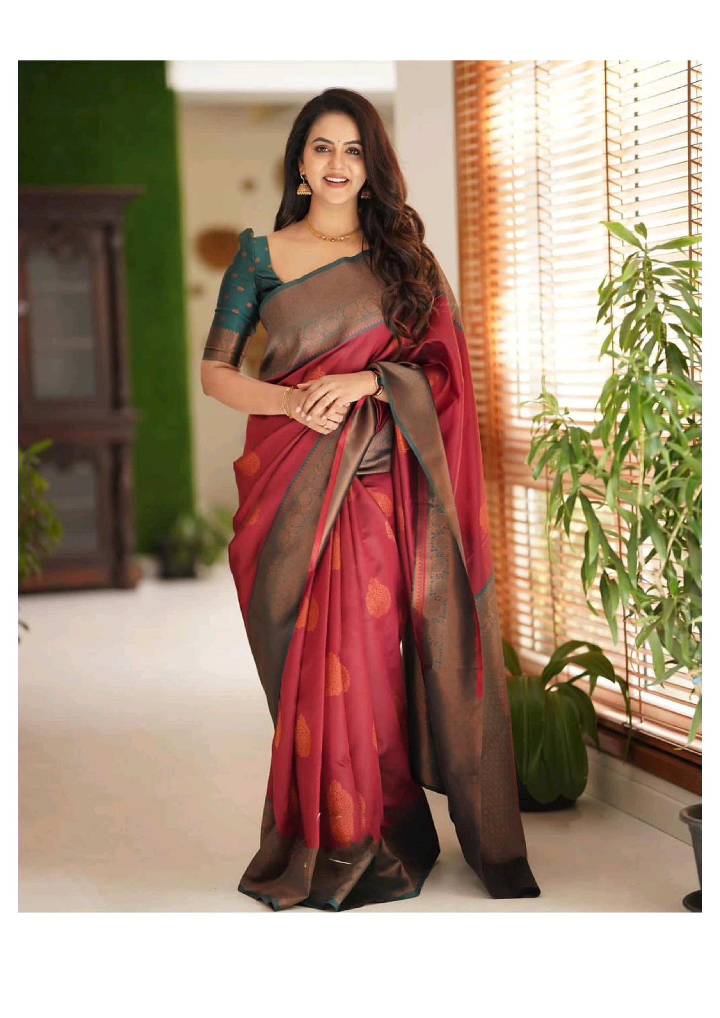 Elegant Maroon & Teal Kanjivaram Silk Saree with Rich Zari Border