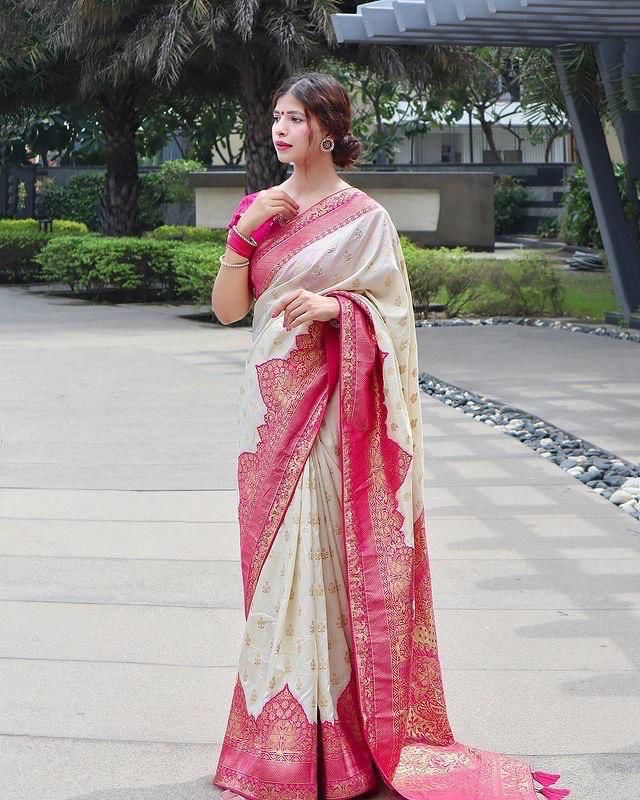 Royal Cream & Pink Banarasi Silk Saree with Golden Zari Weaving