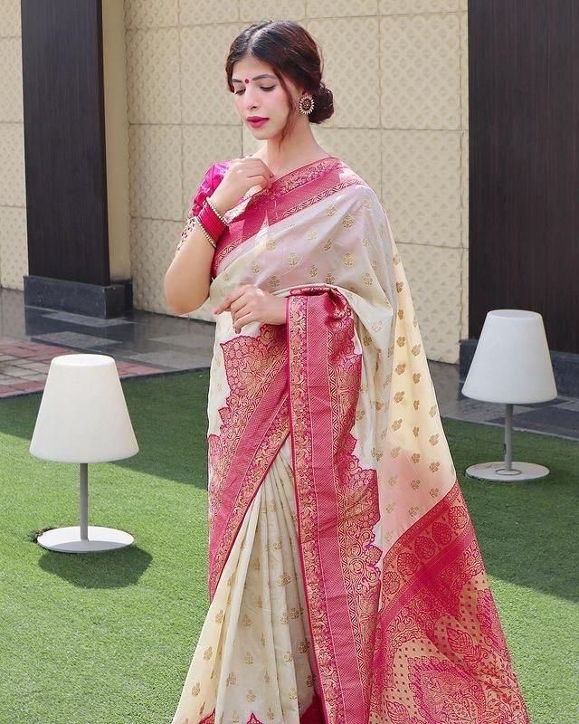 Royal Cream & Pink Banarasi Silk Saree with Golden Zari Weaving