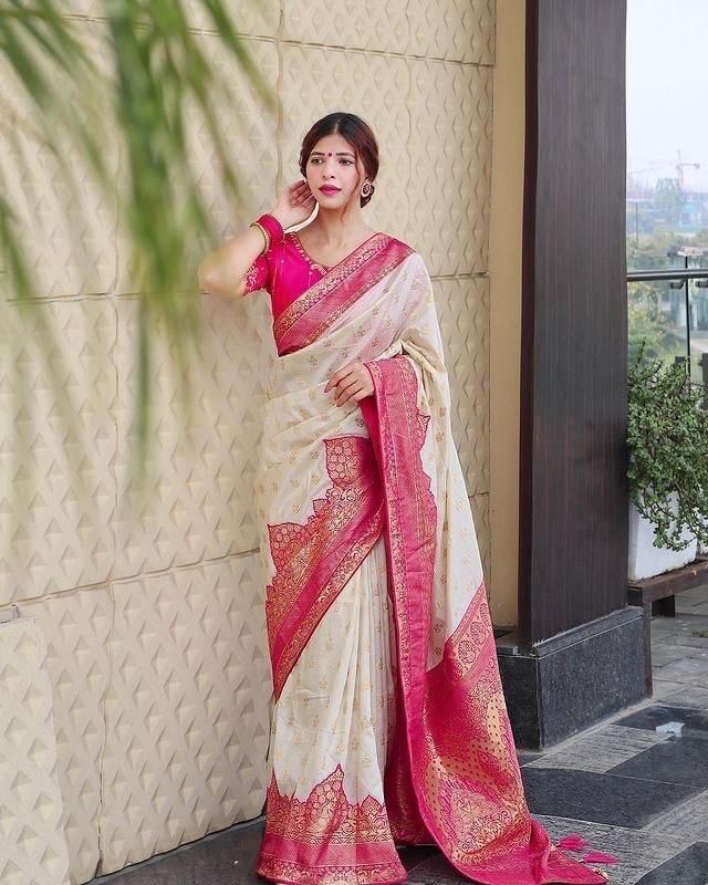 Royal Cream & Pink Banarasi Silk Saree with Golden Zari Weaving