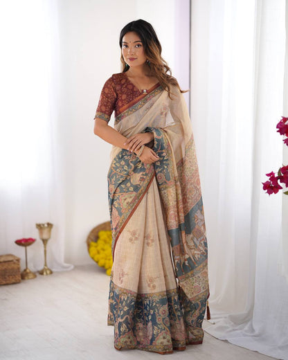 Women's Premium Linen Cotton Saree – Floral Digital Print with Rich Border & Pallu
