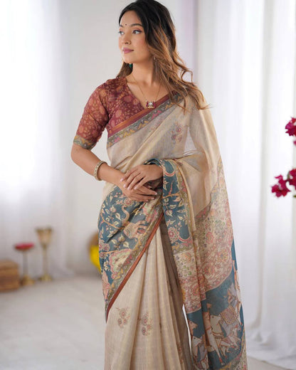 Women's Premium Linen Cotton Saree – Floral Digital Print with Rich Border & Pallu