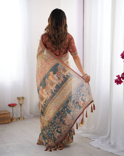 Women's Premium Linen Cotton Saree – Floral Digital Print with Rich Border & Pallu