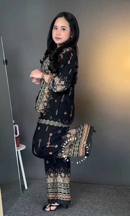 Women's 2-Piece Ethnic Print Co-Ord Set | Long Sleeve Top & Wide-Leg Pants