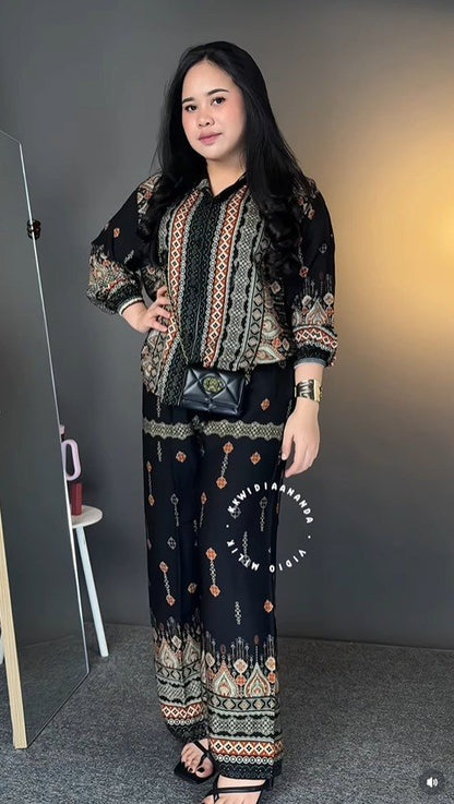 Women's 2-Piece Ethnic Print Co-Ord Set | Long Sleeve Top & Wide-Leg Pants