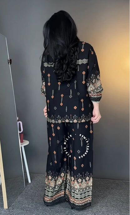 Women's 2-Piece Ethnic Print Co-Ord Set | Long Sleeve Top & Wide-Leg Pants