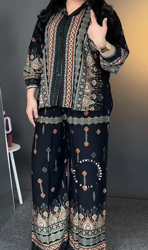 Women's 2-Piece Ethnic Print Co-Ord Set | Long Sleeve Top & Wide-Leg Pants