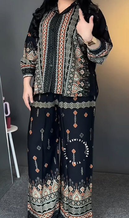 Women's 2-Piece Ethnic Print Co-Ord Set | Long Sleeve Top & Wide-Leg Pants
