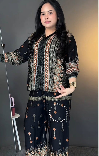 Women's 2-Piece Ethnic Print Co-Ord Set | Long Sleeve Top & Wide-Leg Pants