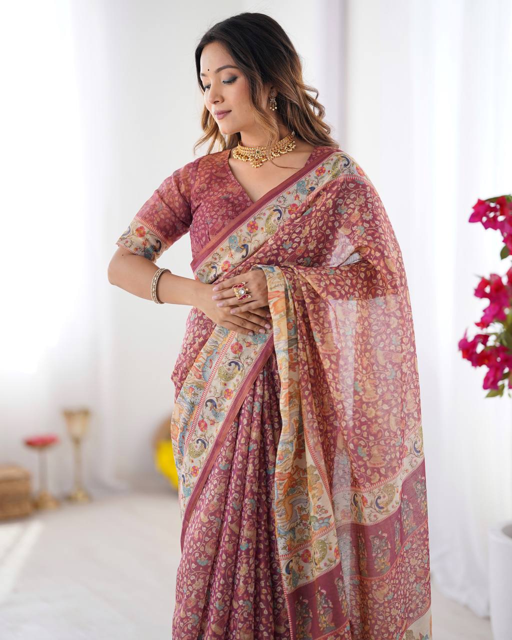 Women's Premium Linen Cotton Saree with Floral Print and Rich Pallu